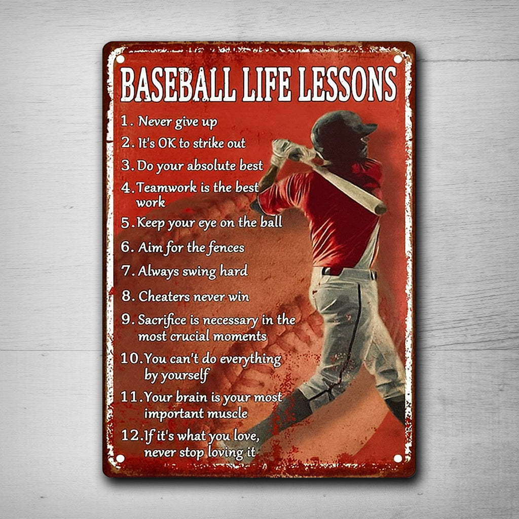 Retro Baseball Tin Metal Signs Vintage Baseball Decor for Boys Room, Baseball Life Lessons Metal Signs