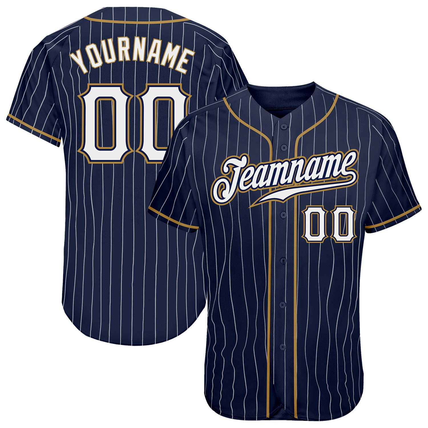 Custom Navy White Pinstripe White-Old Gold Baseball Jersey