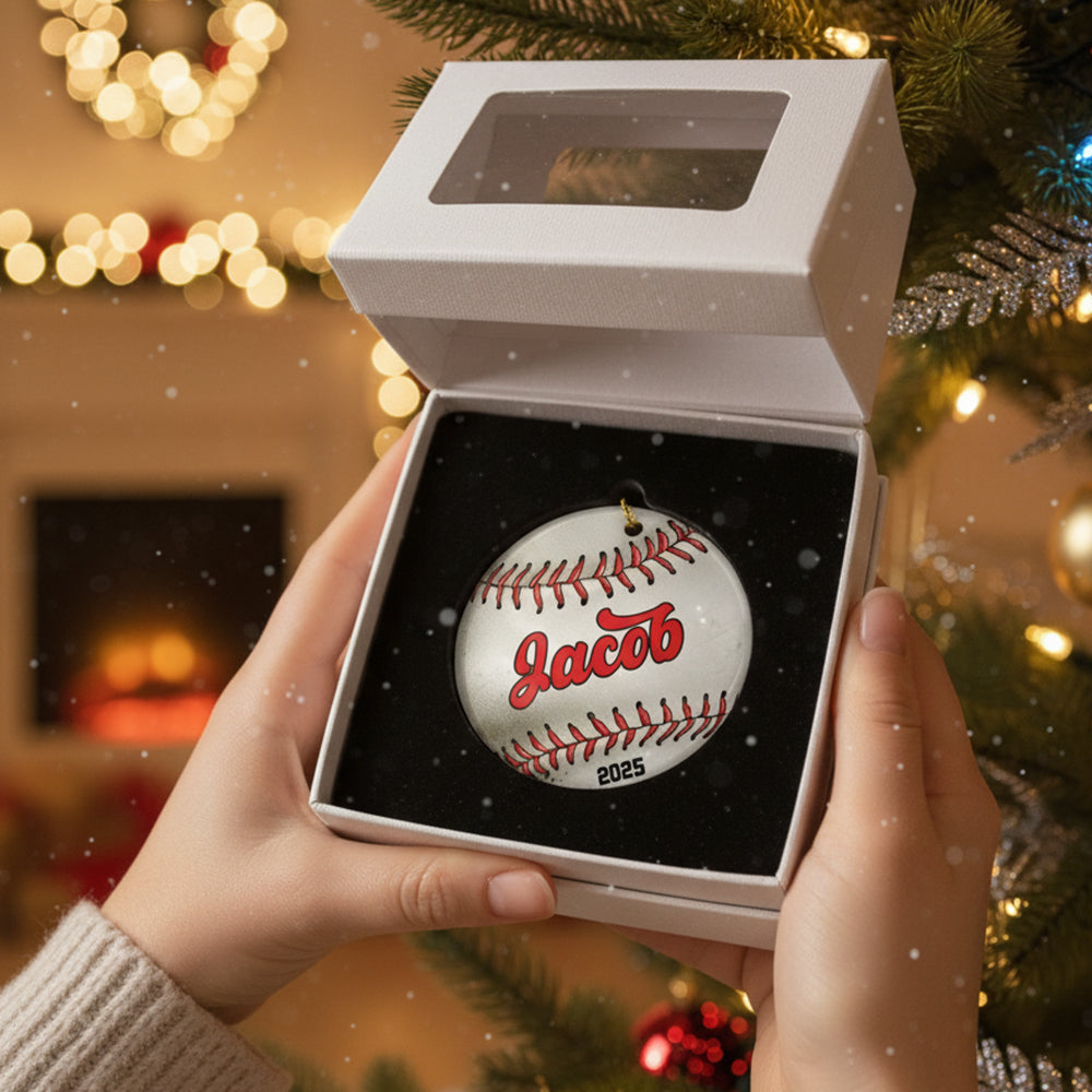 Personalized Baseball Christmas Festive Holiday Theme with Name and Date Acrylic Ornament - OR34 4