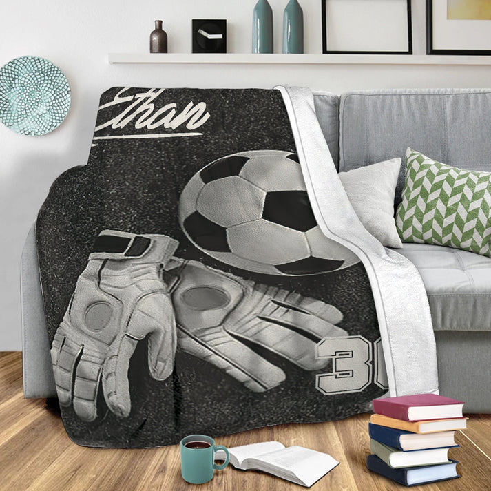 Custom Soccer Goalkeeper Fleece Blanket Throw, Personalized Name Number Soft Cozy Plush Blanket