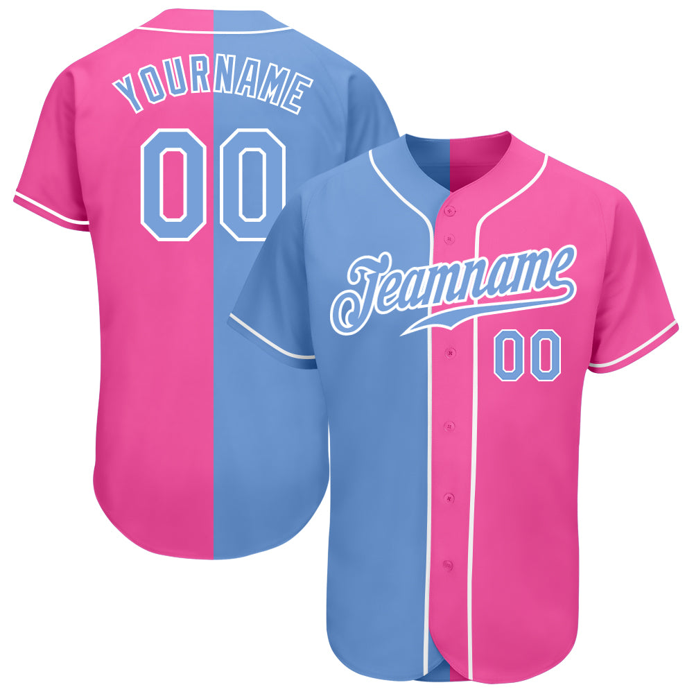 Custom Pink Light Blue-White Split Fashion Baseball Jersey