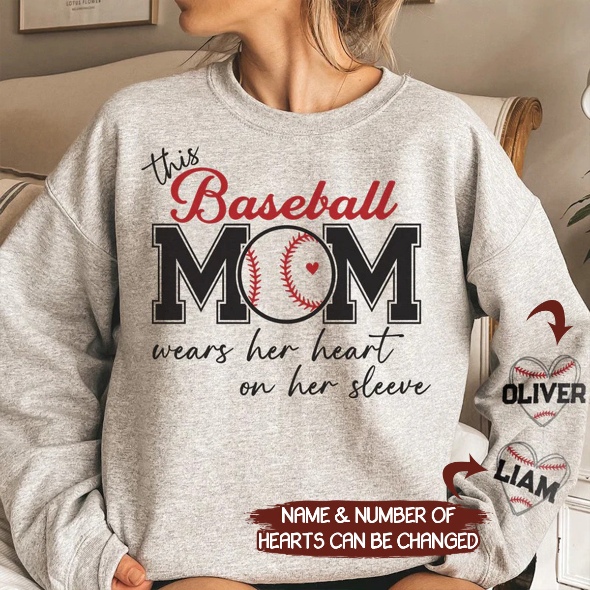 Baseball Mom Wear Her Heart On Her Sleeve Personalized Sweatshirt - SS1