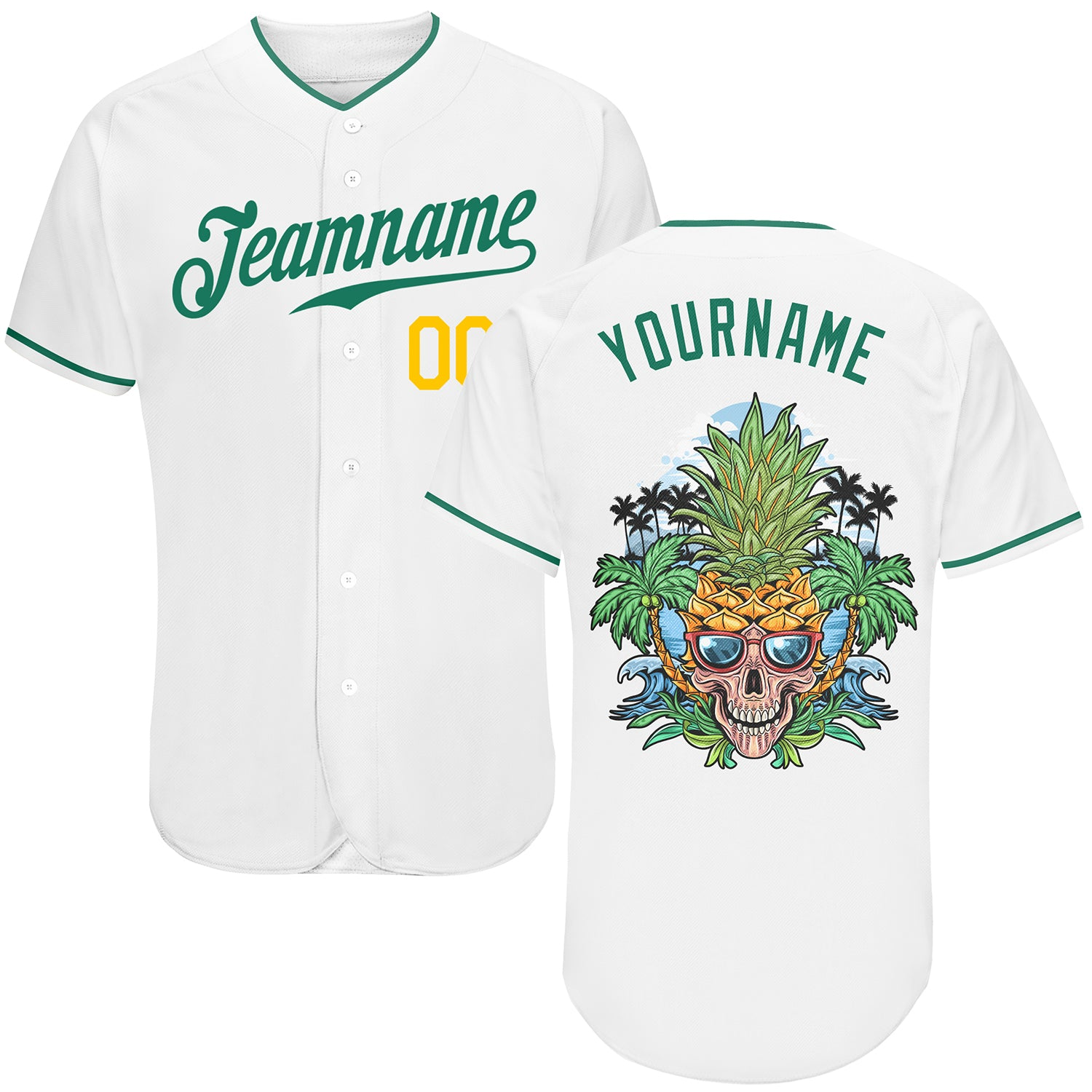 Custom White Kelly Green-Gold Authentic Skull Pineapple Head Baseball Jersey - JS69