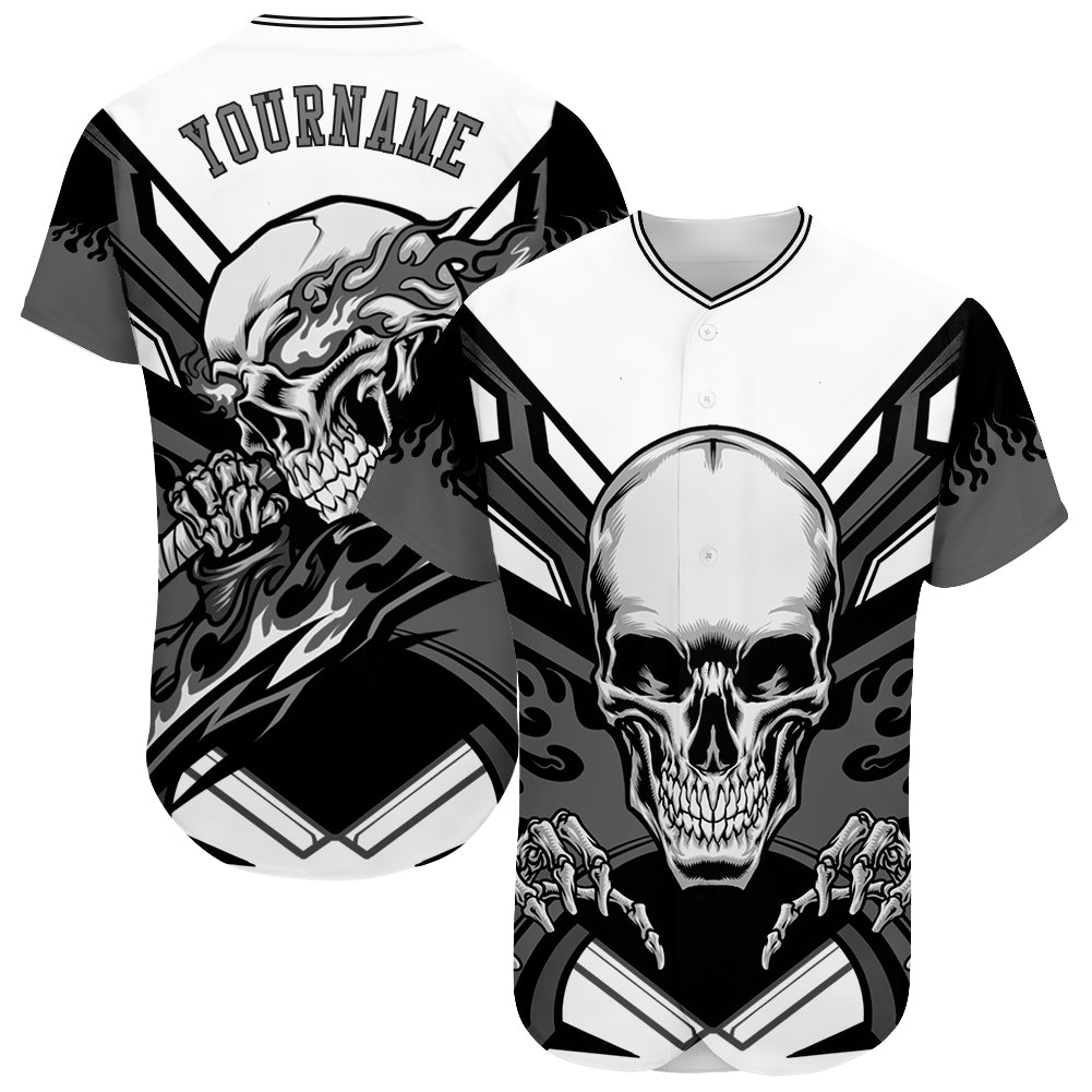 Custom White Gray-Black 3D Skull Authentic Baseball Jersey - JS64