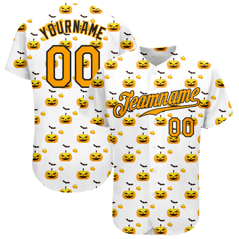 Custom White Gold-Black 3D Pattern Design Halloween Pattern With Pumpkins Authentic Baseball Jersey - JS62